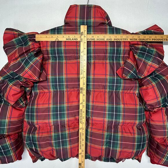 Hill House The Violet Ruffle Sleeve Puffer Jacket Womens L Tartan Plaid NWT Holi - Picture 13 of 16
